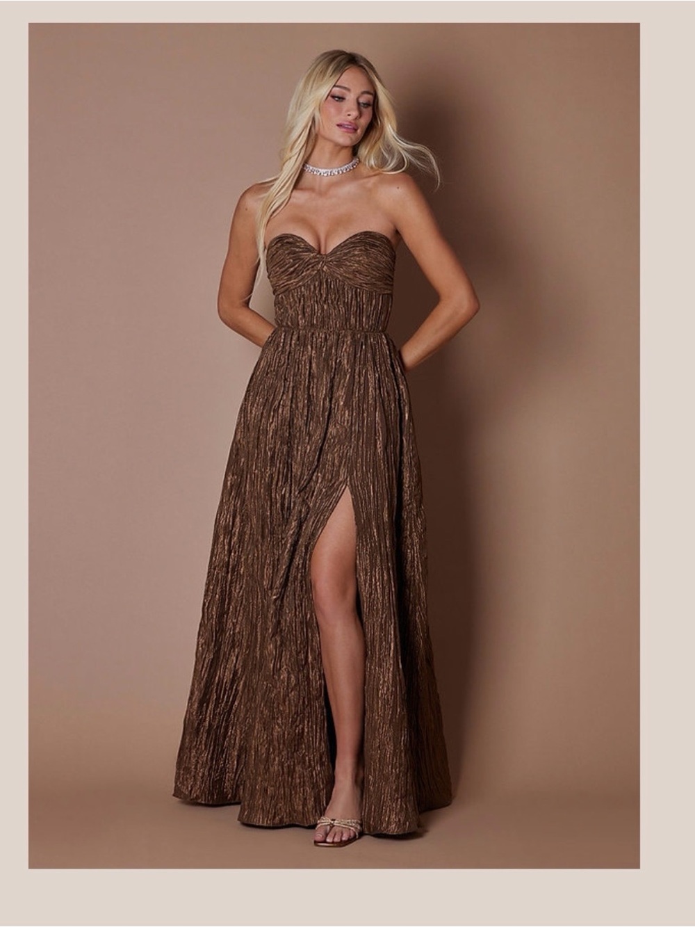 Azazie Strapless Metallic Chestnut Brown Maxi Gown with Front Slit